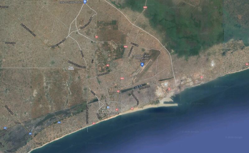 A bird's-eye view of Lome, the capital of Togo, from Google Maps.