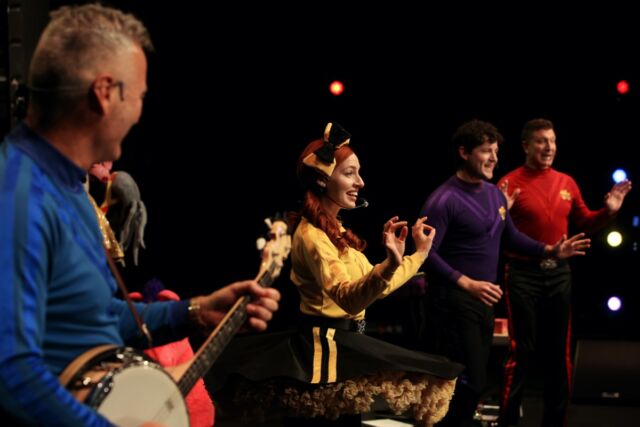 Anthony Field, Emma Watkins, Lachlan Gillespie and Simon Pryce of The Wiggles perform on stage with guitarist Oliver Brian during a live-streaming event at the Sydney Opera House on June 13, 2020 in Sydney, Australia.