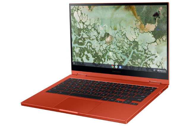 Samsung's pricier Galaxy Chromebook and Galaxy Chromebook 2 come in Fiesta Red (pictured) or Mercury Gray. 