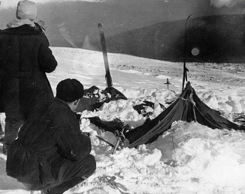 A view of the tent the adventurers stayed in as the rescuers found it on Feb. 26, 1959. The tent had been cut open from inside, and most of the skiers had fled in socks or barefoot.