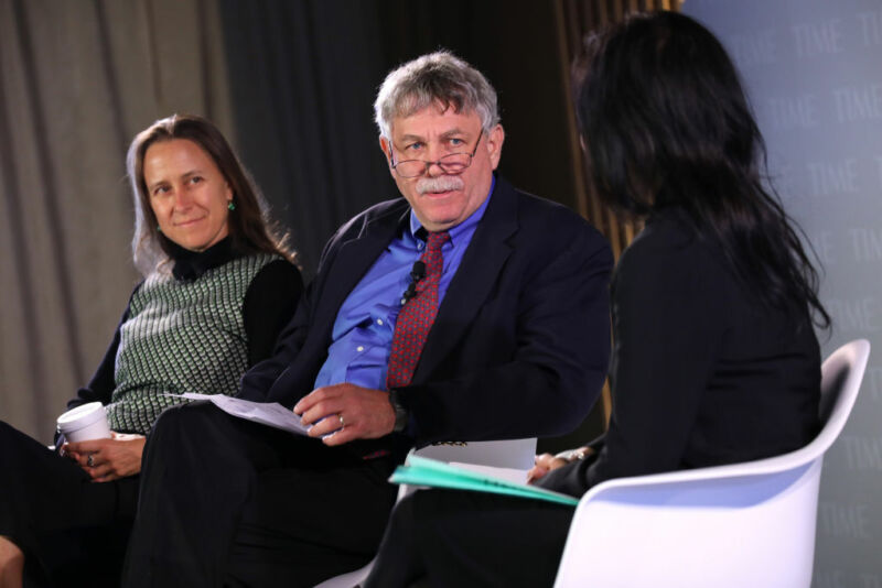 Co-Founder & CEO of 23andMe, Anne Wojcicki President & Founding Director Broad Institute of MIT and Harvard Professor, Eric Lander, speak onstage during the TIME 100 Health Summit in 2019. 