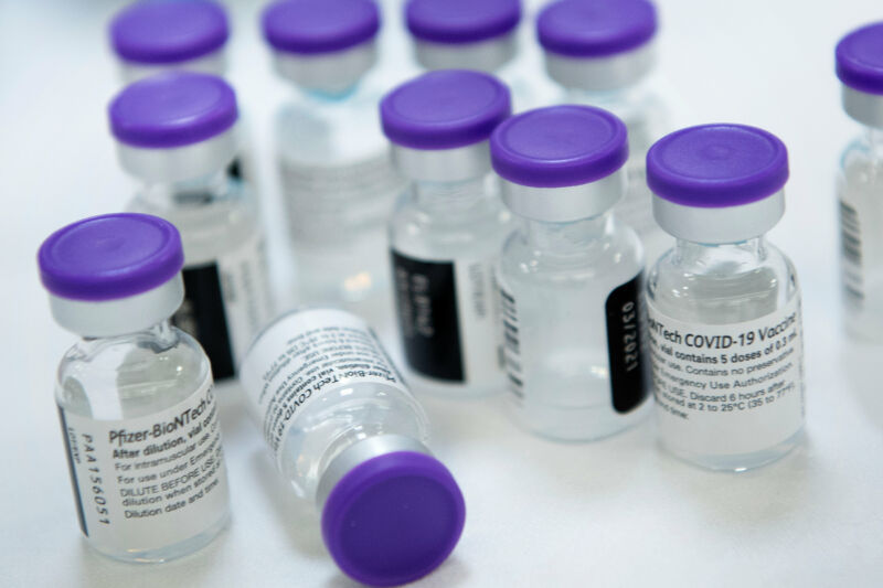 Vials with undiluted Pfizer COVID-19 vaccine are ready for administration to staff and residents on December 30, 2020, at Goodwin House Bailey's Crossroads, an older community in Falls Church, Virginia. 