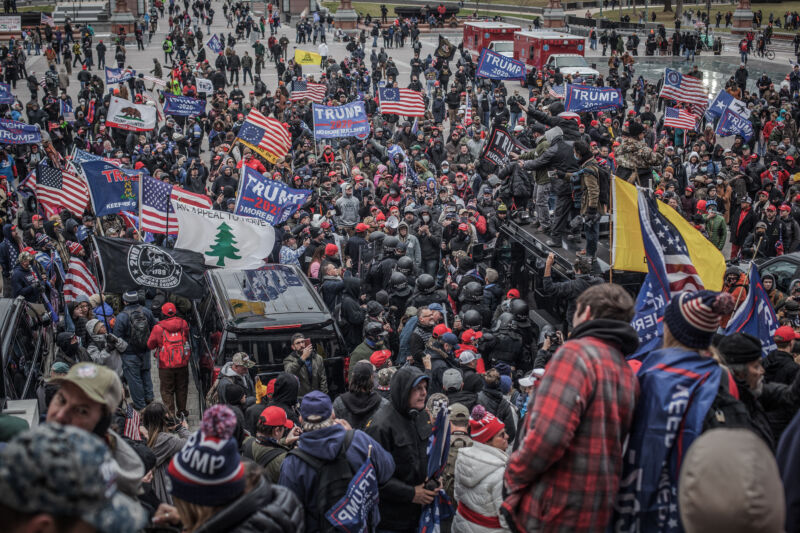 Trump supporters near the US Capitol on January 6, 2021 in Washington, DC. The rioters stormed the historic building, breaking windows and clashing with police. (Photo by Shay Horse/NurPhoto via Getty Images)