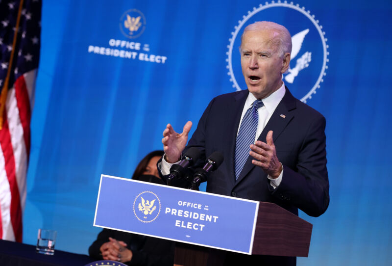 President-elect Joe Biden delivers remarks January 07, 2021 in Wilmington, Delaware.