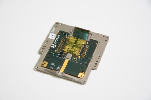 A prototype of Mobileye's frequency-modulated continuous wave (FMCW) lidar, engineered at Intel's silicon photonics fab in New Mexico. It is expected to be in production by 2025.