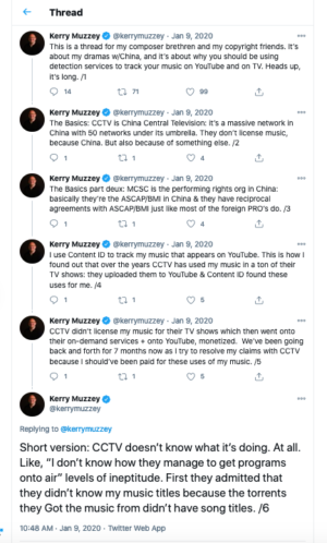 A <a href="https://twitter.com/kerrymuzzey/status/1215314324077436929">long (35 posts) Twitter thread</a> from Muzzey when he was in the thick of learning about CCTV's approach to copyright. 