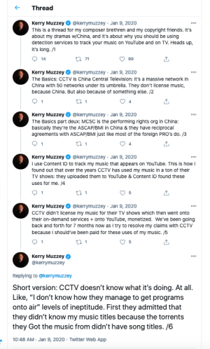 A <a href="https://twitter.com/kerrymuzzey/status/1215314324077436929">long (35 posts) Twitter thread</a> from Muzzey when he was in the thick of learning about CCTV's approach to copyright. 