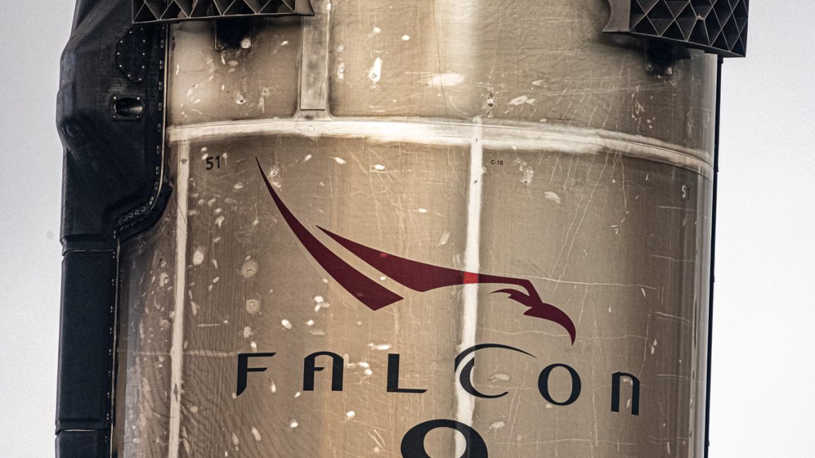 Close-up image of a Falcon 9 rocket.