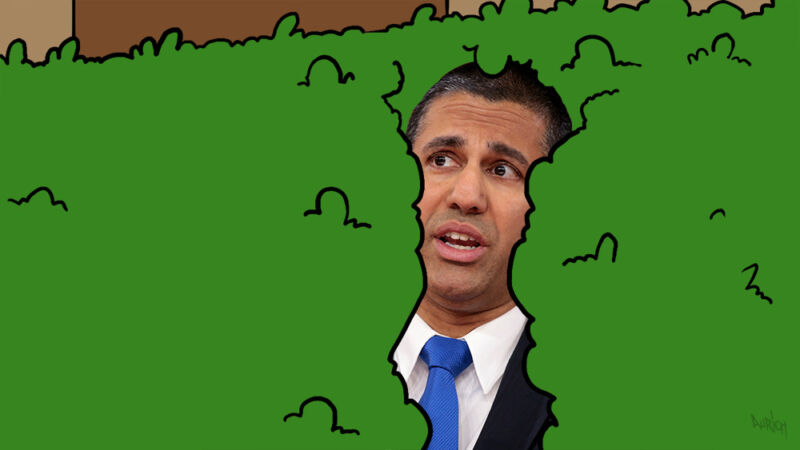 Simpsons-type illustration of Ajit Pai walking backwards through a bush.