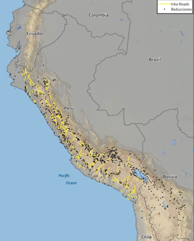 Researchers pinpointed each Spanish colonial settlement atop a map of the Inca imperial highway system, demonstrating that the Spanish relied heavily on indigenous infrastructure to conquer and restructure the Inca Empire. 