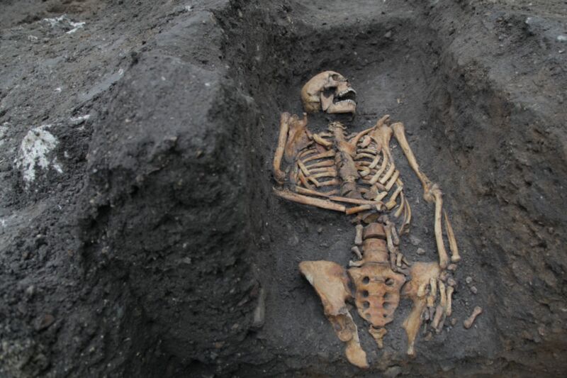 The remains of an individual buried in an Augustinian friary, excavated in 2016 on the University of Cambridge's New Museums site.