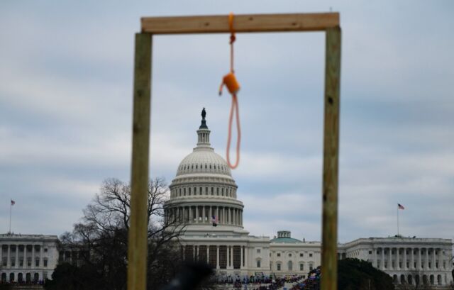 A noose hung from a makeshift gallows as supporters of outgoing President Donald Trump gathered on the west side of the US Capitol in Washington, DC, on January 6, 2021.