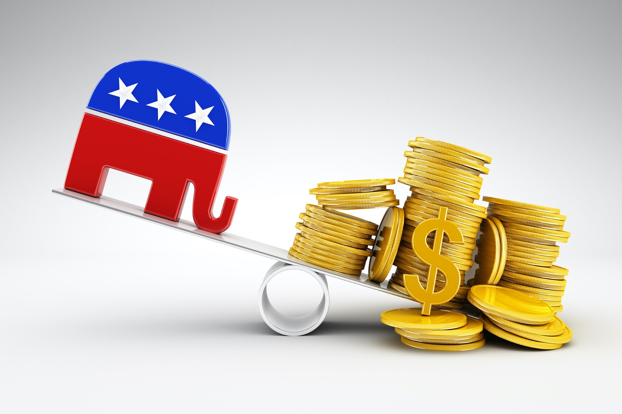 Illustration of the Republican Party's elephant logo on one side of a see-saw, with a pile of gold coins on the other side.