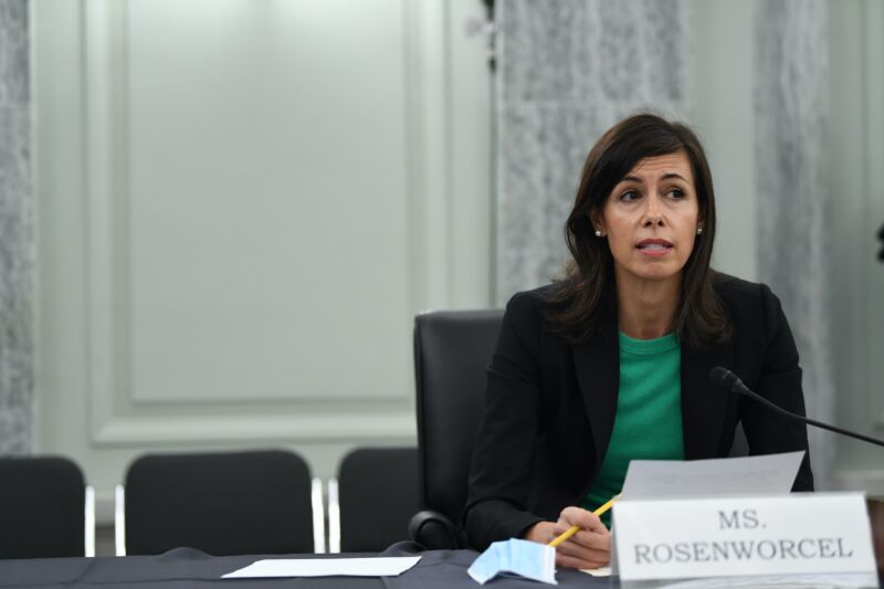 FCC Commissioner Jessica Rosenworcel speaking at a Senate committee hearing in June 2020.