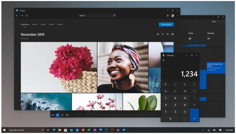 Cette capture d'écran des applications Photos et Calculatrice provient d'une vidéo que Panos Panay, chef de produit Microsoft, a publiée sur Instagram pour présenter de nouveaux concepts d'interface utilisateur en mars 2020.