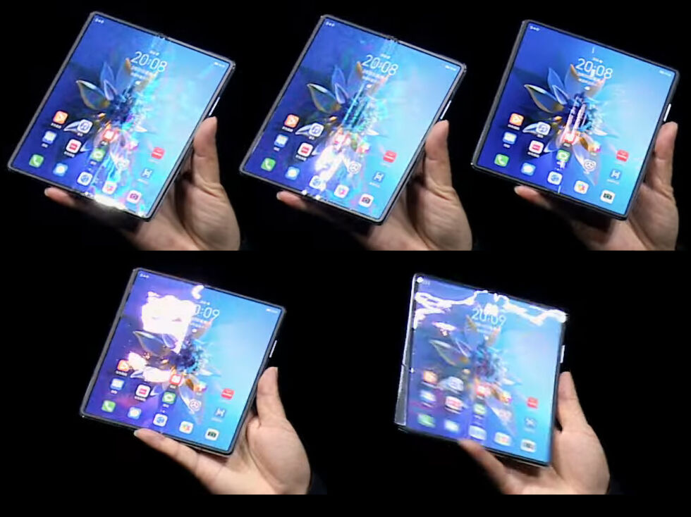Real images of the display show off how uneven it is. The top row highlights the trench running down the middle of the phone. The bottom row shows off uneven reflections from the ripples in the rest of the display.