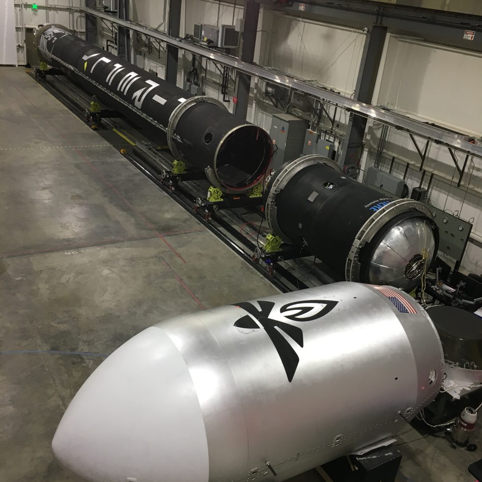 The Alpha rocket is displayed before integration at the Vandenberg Air Force Base.