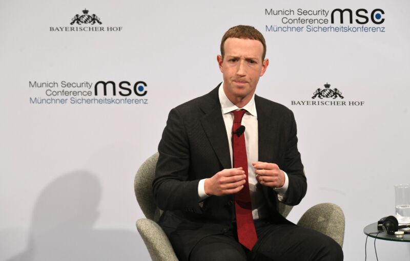Mark Zuckerberg speaks at the Munich Security Conference in 2020.