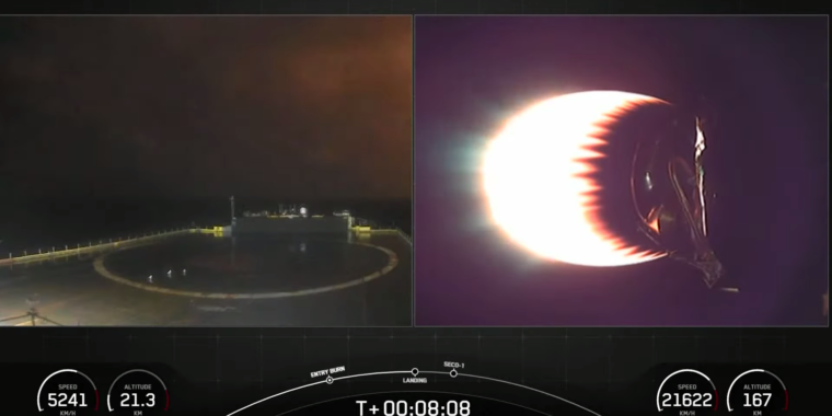 Proprio mentre il razzo Falcon 9 stava per atterrare, l’orizzonte iniziò a brillare