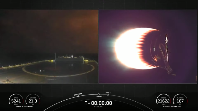 At left, a glow can be seen on the horizon just as a Falcon 9 rocket was due to land.