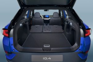 The cargo area of a VW ID.4 with the rear seats both folded flat.