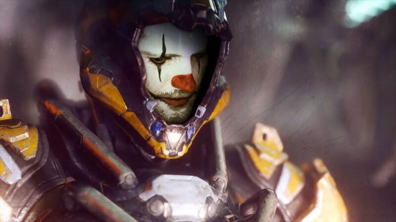 The face of a video game character has been photoshopped too look like a clown.