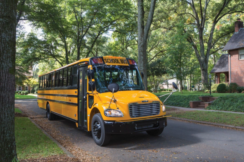 This is a Saf-T-Liner C2 Jouley school bus, built by Thomas Built Buses and equipped with an electric powertrain from Proterra. 