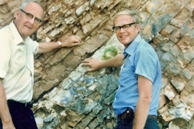 Luis Alvarez, left, and his son Walter, right, at the KT border in Gubbio, Italy, 1981.