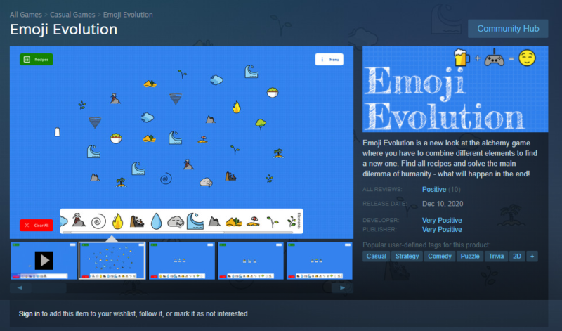 An archived copy of <em>Emoji Evolution</em>'s Steam store page shows how hard it is to distinguish the developer's "Very Positive" name from the merely "Positive" review summary (on the right).