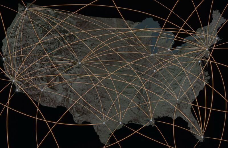 A United States map overlaid with crisscrossing lines to represent a broadband network.