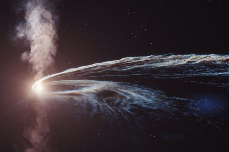 The remains of a shredded star formed an accretion disk around the black hole whose powerful tidal forces ripped it apart. This created a cosmic particle accelerator spewing out fast subatomic particles.