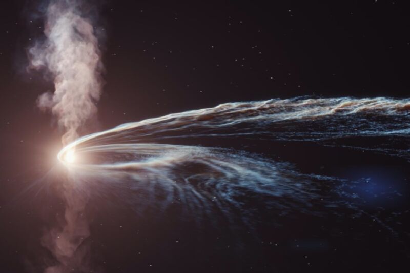 The remains of a jagged star formed an accretion disk around the black hole whose powerful tidal forces tore it apart.  This created a cosmic particle accelerator spewing out fast subatomic particles.