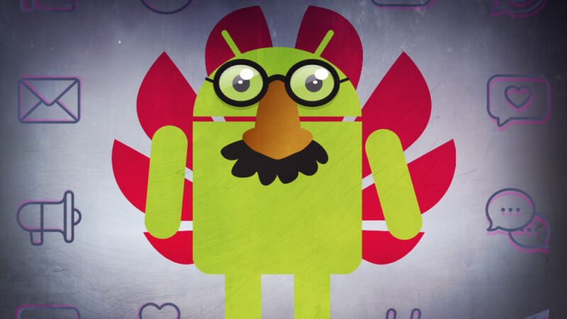 The Android robot mascot tried to disguise himself with fake glasses and a mustache.