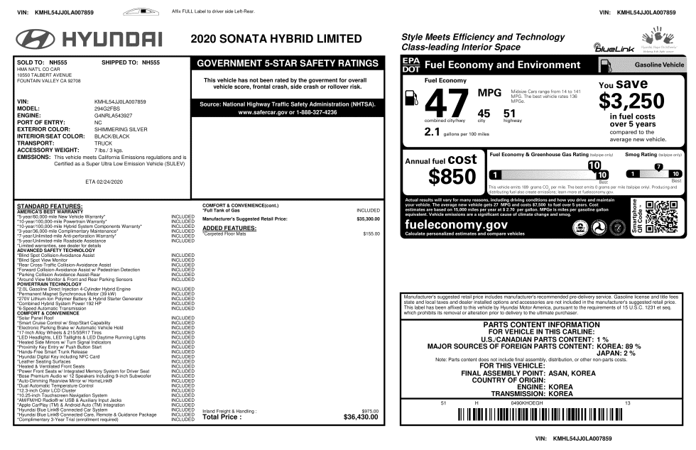 This is what a Monroney window sticker looks like. The EPA information is clearly displayed in a large box on the right-hand side.