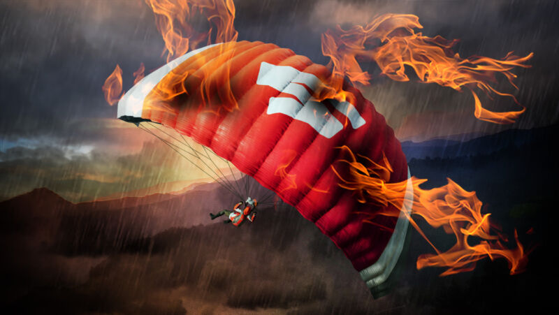 Cartoon of a burning parachute with a Stadia logo.