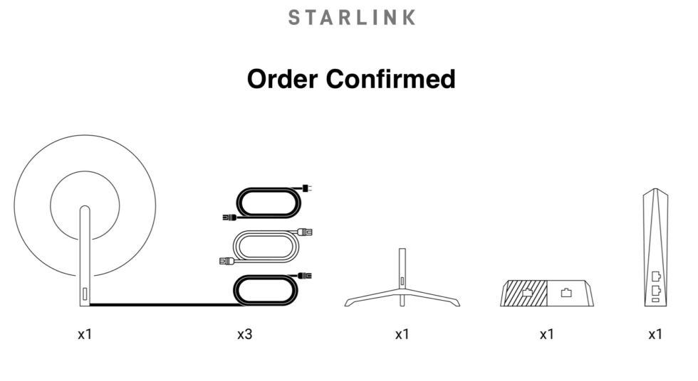 A Starlink order confirmation (we cut out the bottom part with the service address and number).