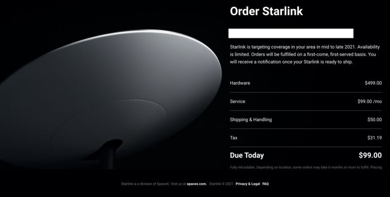 Captura de pantalla del sitio web de reserva de SpaceX Starlink.