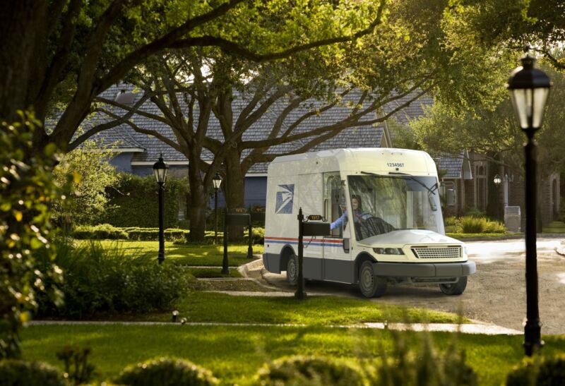 A rendering of the new USPS truck in a suburb