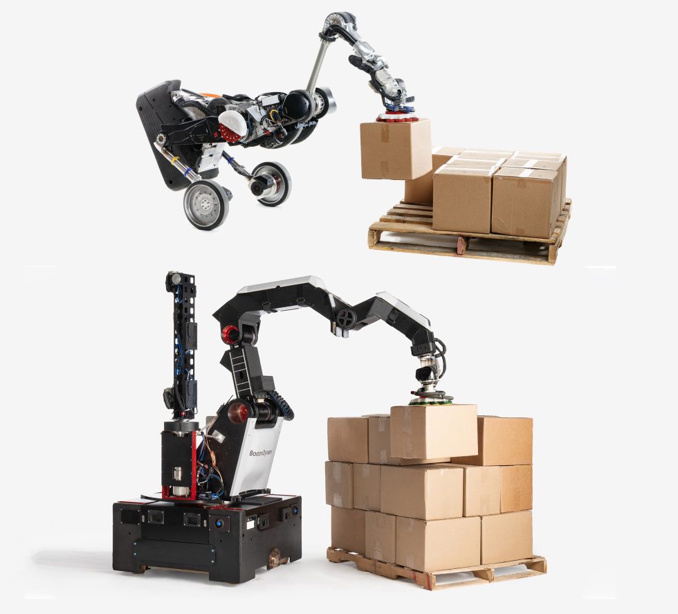 Boston Dynamics' first warehouse design was the bird-shaped Handle robot (top), and now it's evolved into the towering Stretch robot (bottom).  (Not to scale.)