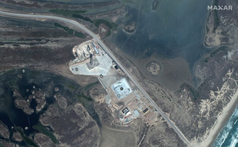 An orbital view of SpaceX's South Texas launch site, with SN10 on the pad, in early March. 