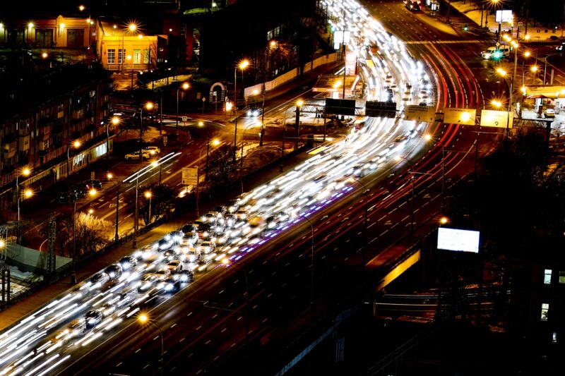 A traffic jam at night.