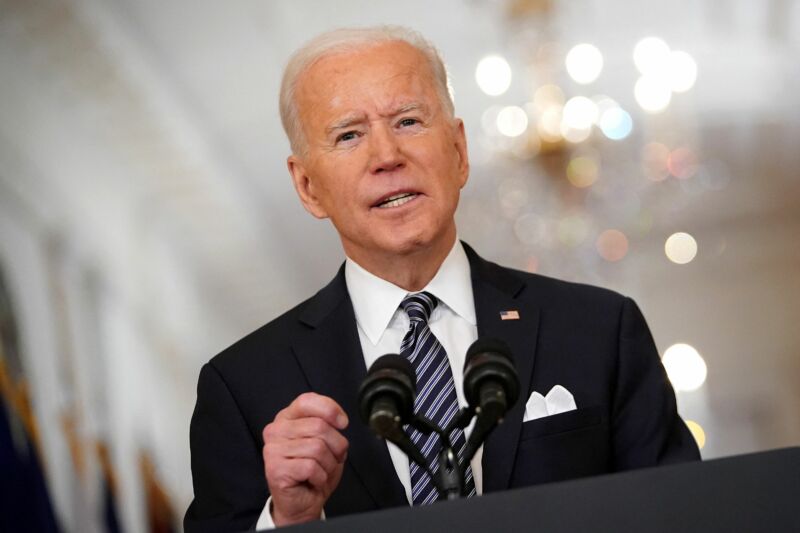 US President Joe Biden speaks on the anniversary of the start of the Covid-19 pandemic, in the East Room of the White House in Washington, DC on March 11, 2021. 