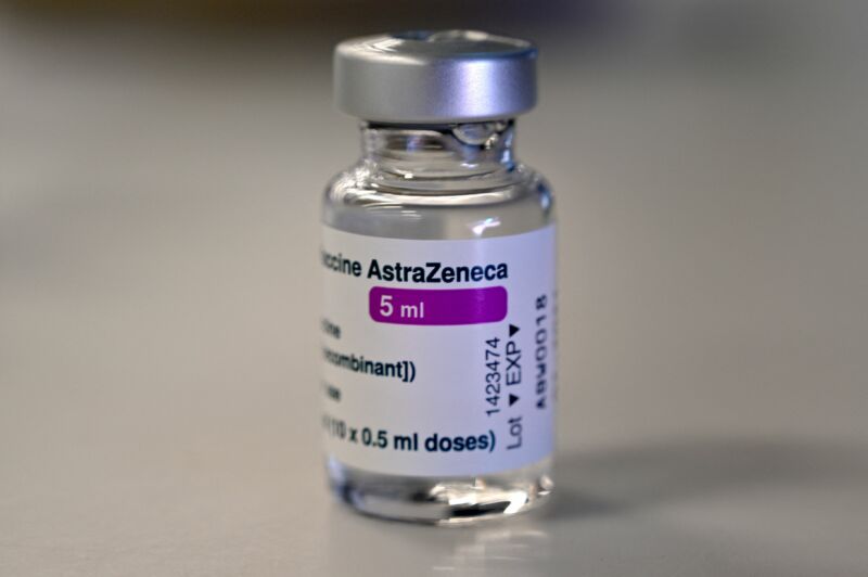 A vial of the AstraZeneca/Oxford vaccine is pictured at a coronavirus vaccination centre at the Wanda Metropolitano stadium in Madrid on March 24, 2021. 