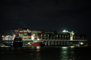 A view of the Ever Given at night as she blocks the Suez Canal