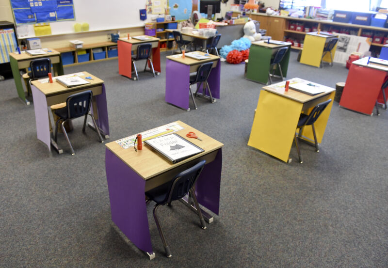 Spring Township, PA - August 21: A first grade classroom where the desks are spaced out for social distancing. 