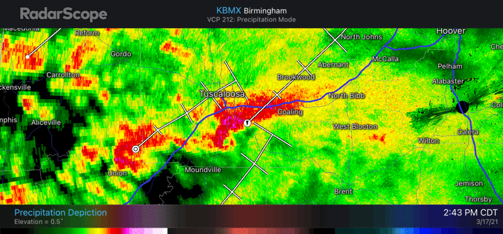 Radar evidence of a very strong tornado south of Tuscaloosa on Wednesday, just before 4pm ET. Click to activate.