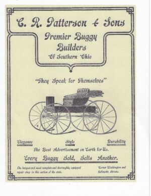An advertisement in The Greenfield Republican 1902 Holiday Edition. From the accompanying article: "The news spread abroad 'that you get your money’s worth at Patterson’s.' Gradually the farmers got into the habit of coming into Patterson’s and giving orders for buggies. They found them just as good as those made in the mammoth factories of Cincinnati, Columbus, and South Bend, and besides the prices were lower and there was no freight and charges bill to pay. As the years went by and business grew, larger quarters were found necessary, until now the factory and show rooms on Washington streets are models of convenience and spaciousness."