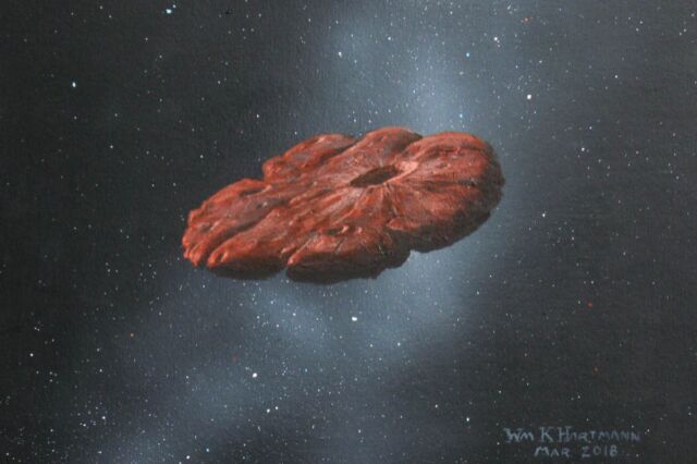 Technology This painting by William K. Hartmann shows a concept of the 'Oumuamua object as a pancake-shaped disk.