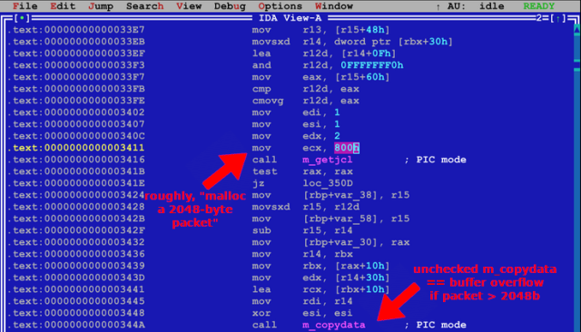 disassembled view of buffer overflow