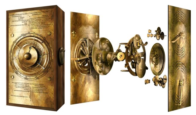 "Exploded" view of 2021 computer model of the Antikythera mechanism, showing how it might have worked.